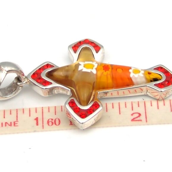 Sterling Silver Millefiori Cross Pendant Red Crystal Handmade Murano Alan K - Picture 2 of 6